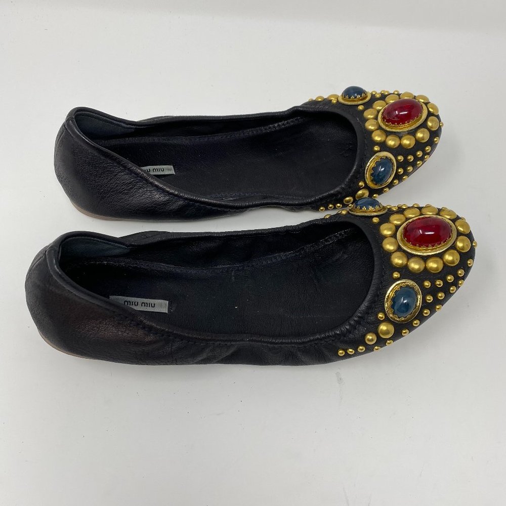 miu miu leather studded & jeweled slip on flats